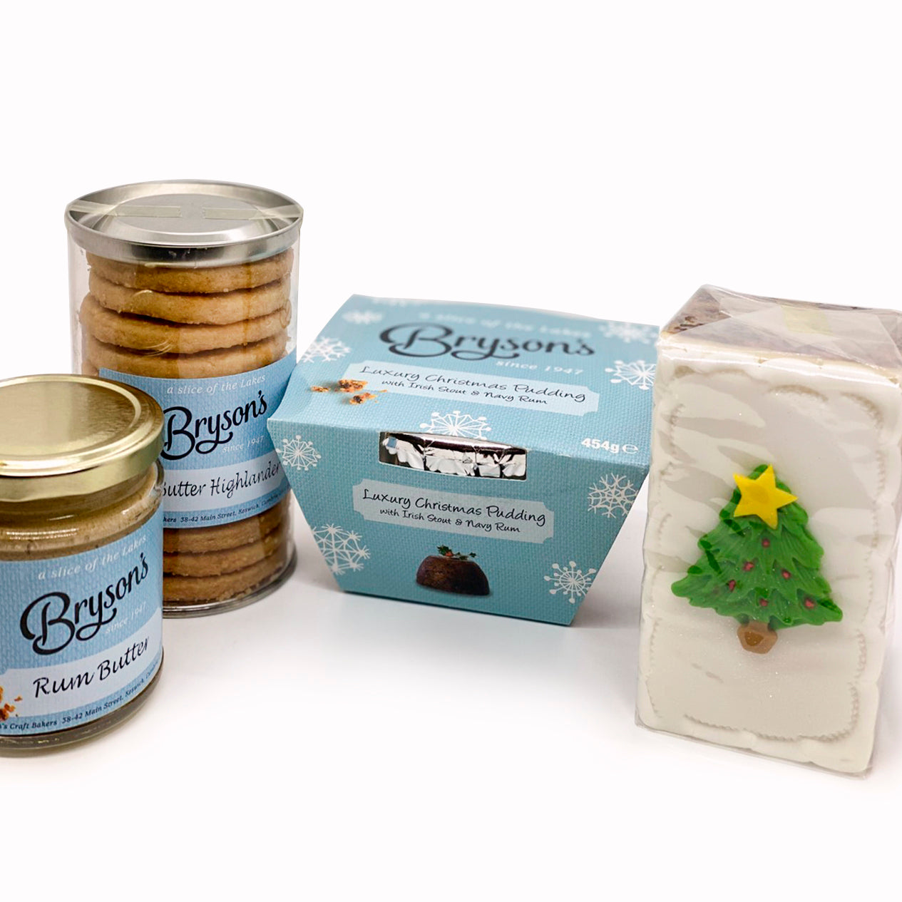 Bryson's Christmas Selection gift includes Luxury Christmas Pudding, Decorated Christmas Cake, Butter Highlander Biscuits and Rum Butter.