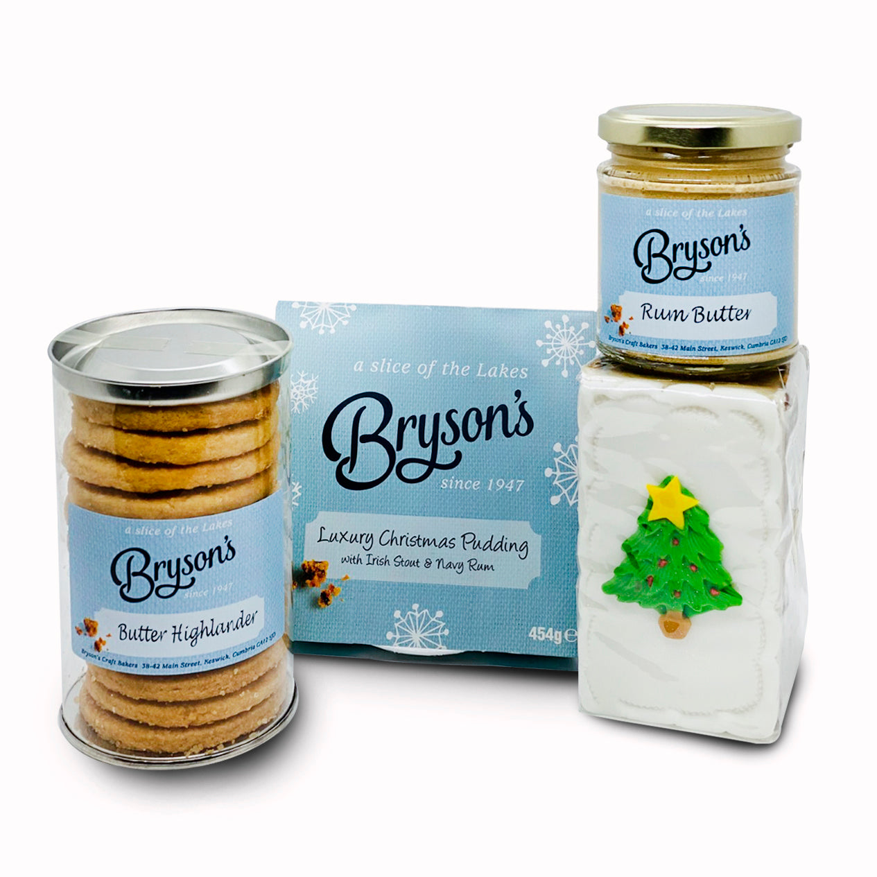 Bryson's Christmas Selection gift includes Luxury Christmas Pudding, Decorated Christmas Cake, Butter Highlander Biscuits and Rum Butter.