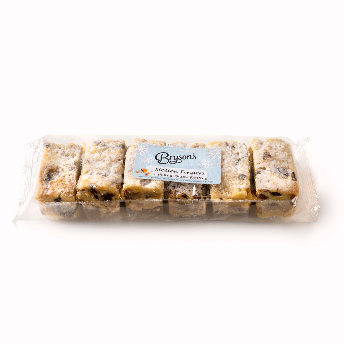 Bryson's Stollen Fingers made with sultanas and currant, glazed in brandy butter