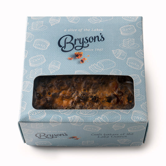 Bryson's Boxed Fruitcake is made with butter, eggs, raw sugar, currants, sultanas and cherries.