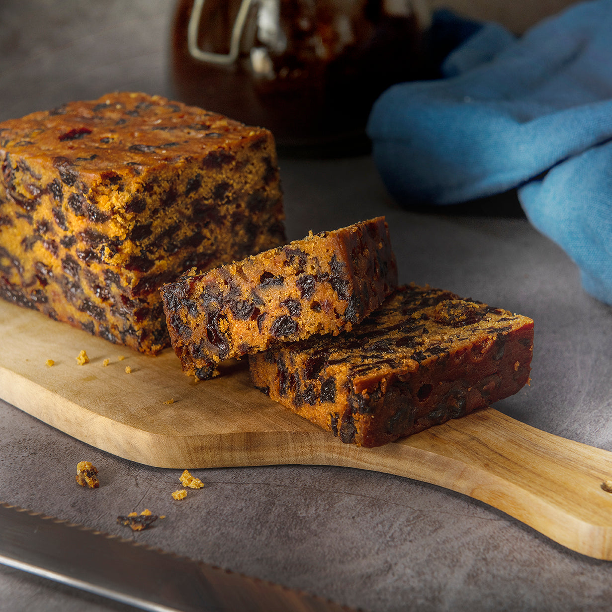 Bryson's Finest Fruit Cake is made with butter, eggs, raw sugar, currants, sultanas, and cherries.