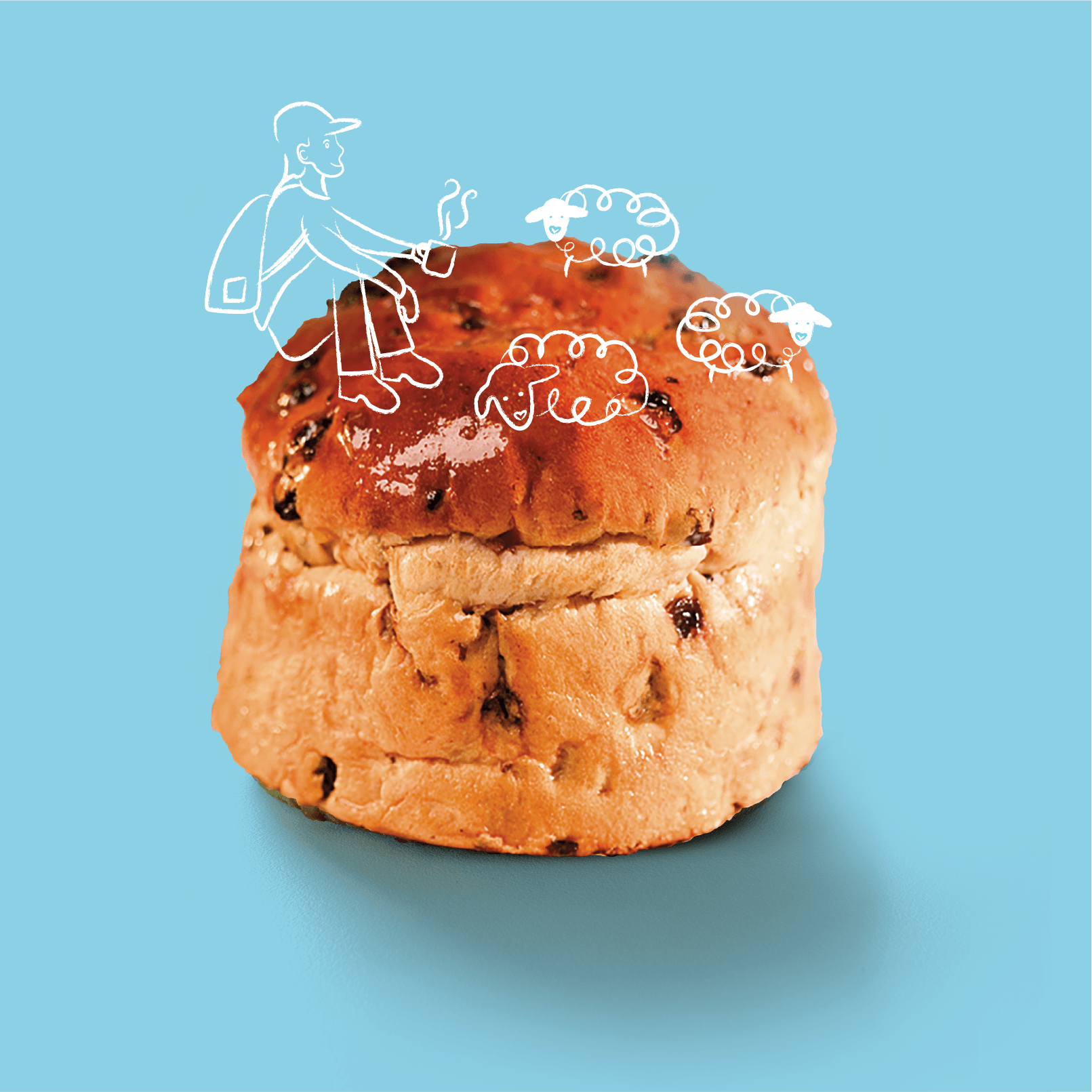 A photograph of Bryson's famous Lakeland Plumbread on a light blue background. Ontop of the bread is an illustration of a backpacker sat down as if the Plumbread were a Cumbrian fell, enjoying a hot beverage. 3 illustrated sheep sit around him.